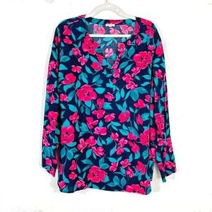 Talbots Womens Plus Size 2X Blouse Top Floral Long Sleeve‎ V Neck Artsy Colorful